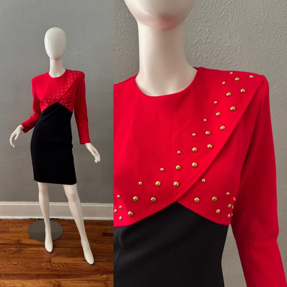 Vintage 80s Red Colorblock Studded Long Sleeve Mini Dress S/M